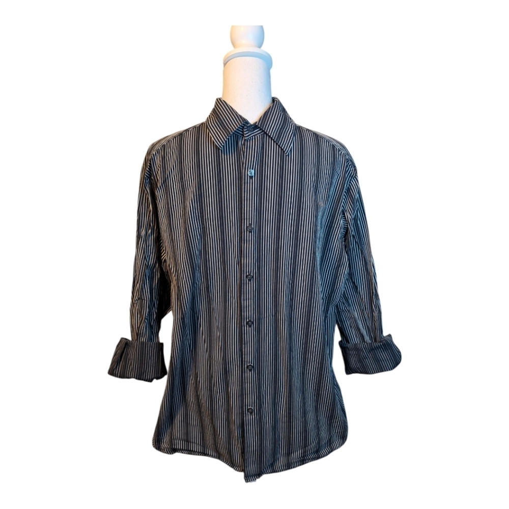 aXCESS a Claiborne Co. Black Gray Button Up Striped Long Sleeve Shirt  XL